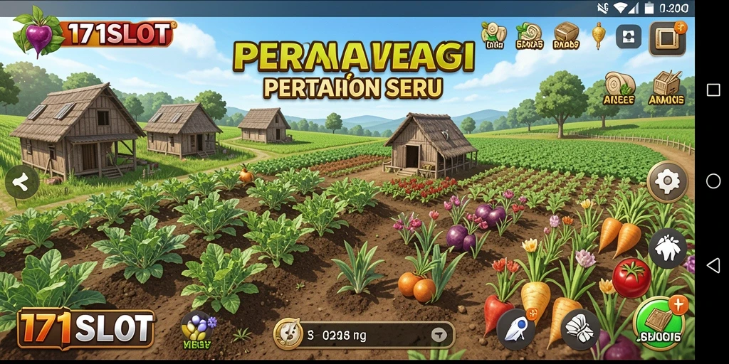 Tampilan gameplay <strong>171SLOT</strong> dengan kebun yang indah dan berwarna.