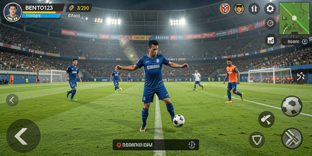Screenshot gameplay BENTO123 yang menunjukkan aksi seru di lapangan sepak bola.