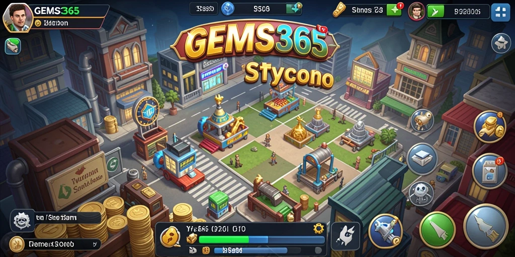 Tampilan gameplay GEMS365 dengan pengelolaan bisnis yang menarik.