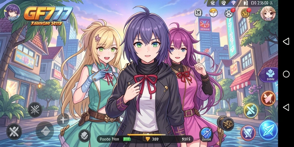 Screenshot gameplay GF777 yang menampilkan aksi karakter anime.