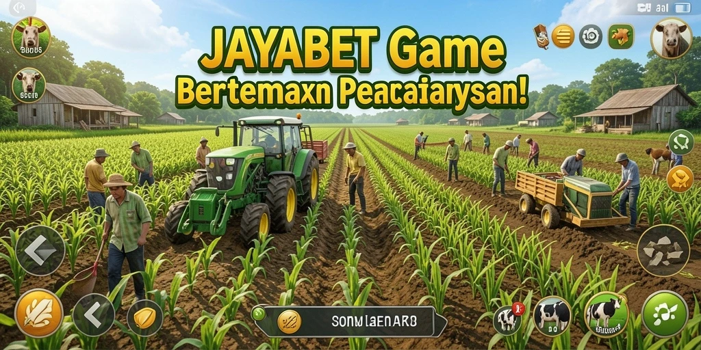 Screenshot JAYABET menampilkan petani yang sedang memanen hasil pertanian.